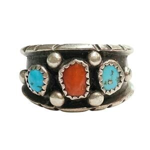 Vintage Navajo Men's Sterling Silver Turquoise Coral Ring - Rose Castillo